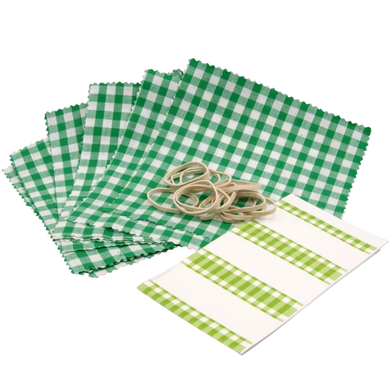 Gingham Cotton Jam Jar Covers With Bands & Labels - Green - Pack of 12