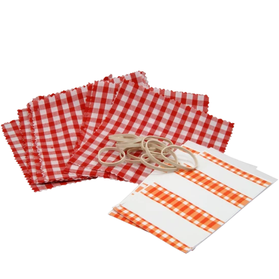 Gingham Cotton Jam Jar Covers With Bands & Labels - Red - Pack of 12