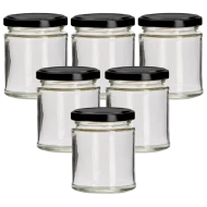 190ml Round Glass Jar With Black Lid - Pack of 6