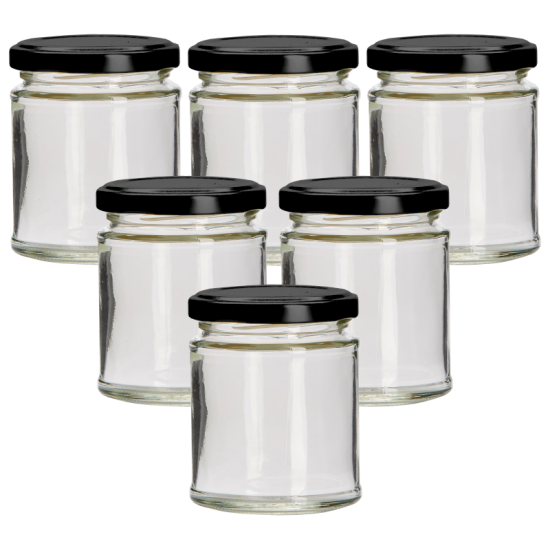 190ml Round Glass Jar With Black Lid - Pack of 6