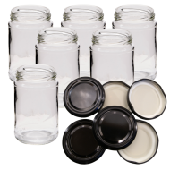 1lb / 380ml Round Glass Jam Jars With Black Lids - Pack Of 6