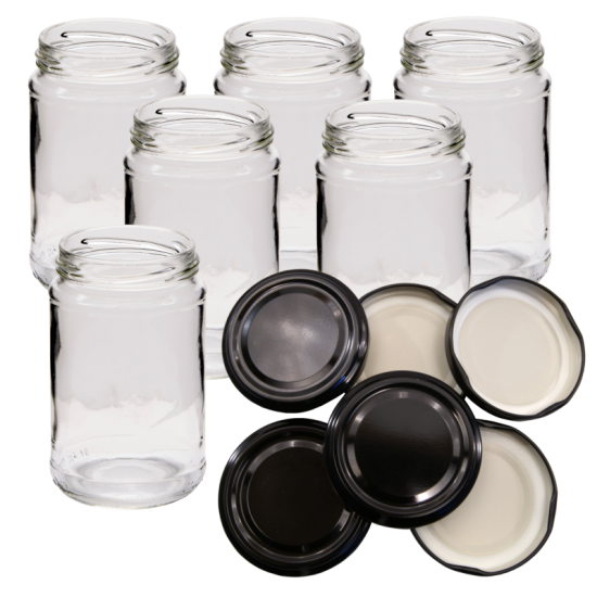 1lb / 380ml Round Glass Jam Jars With Black Lids - Pack Of 6