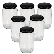 2lb / 720ml Round Glass Jam Jars With Black Lids - Pack Of 6