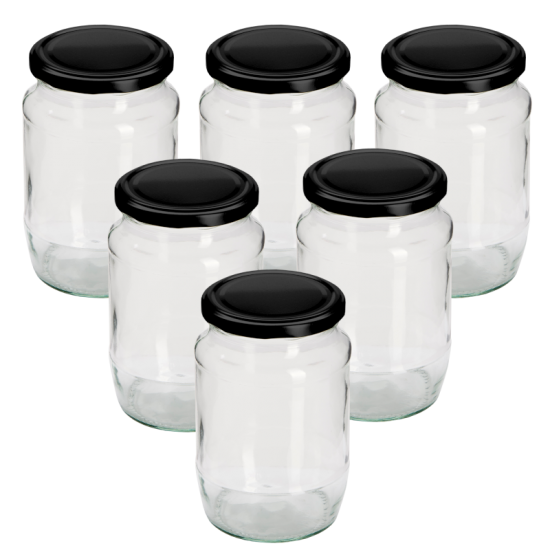 2lb / 720ml Round Glass Jam Jars With Black Lids - Pack Of 6