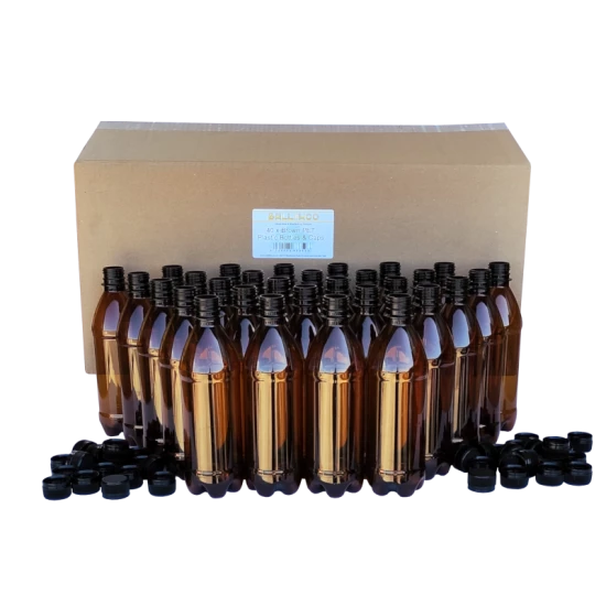 500ml Brown PET Plastic Bottles With Black Caps - Pack of 40