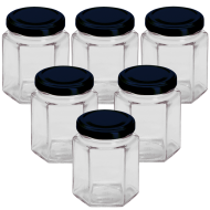 8oz / 190ml Hexagonal Jam Jar With Black Lid - Pack of 6