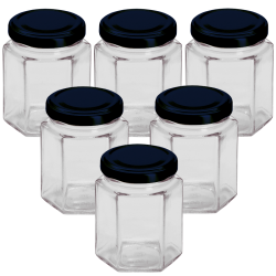 12oz / 250ml Hexagonal Jam Jar with Black Lid - Pack of 6