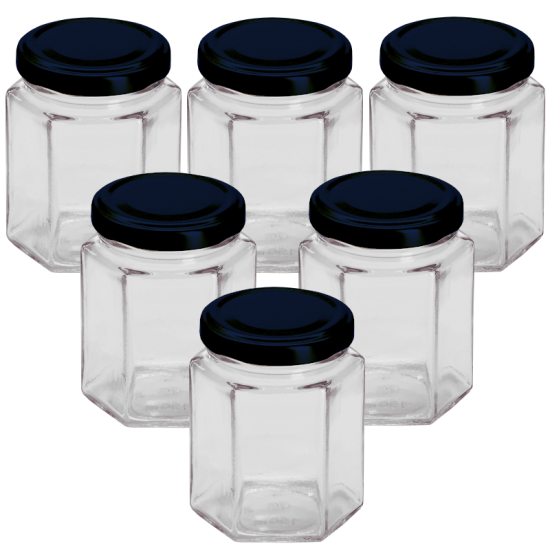 8oz / 190ml Hexagonal Jam Jar With Black Lid - Pack of 6