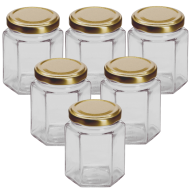 12oz / 250ml Hexagonal Jam Jar With Gold Lid - Pack of 6