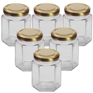 12oz / 250ml Hexagonal Jam Jar With Gold Lid - Pack of 6