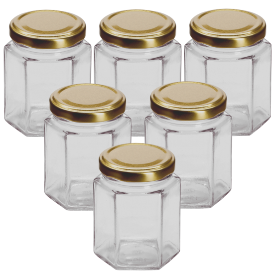 12oz / 250ml Hexagonal Jam Jar With Gold Lid - Pack of 6