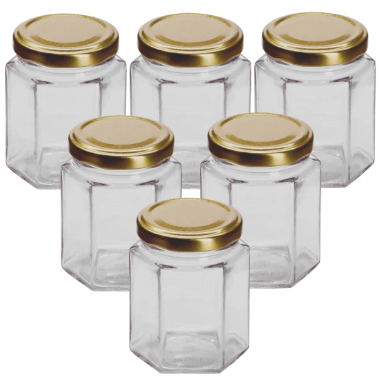 12oz / 250ml Hexagonal Jam Jar With Gold Lid - Pack of 6