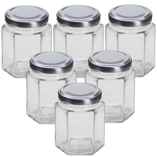 8oz / 190ml Hexagonal Jam Jar With Silver Lid - Pack of 6